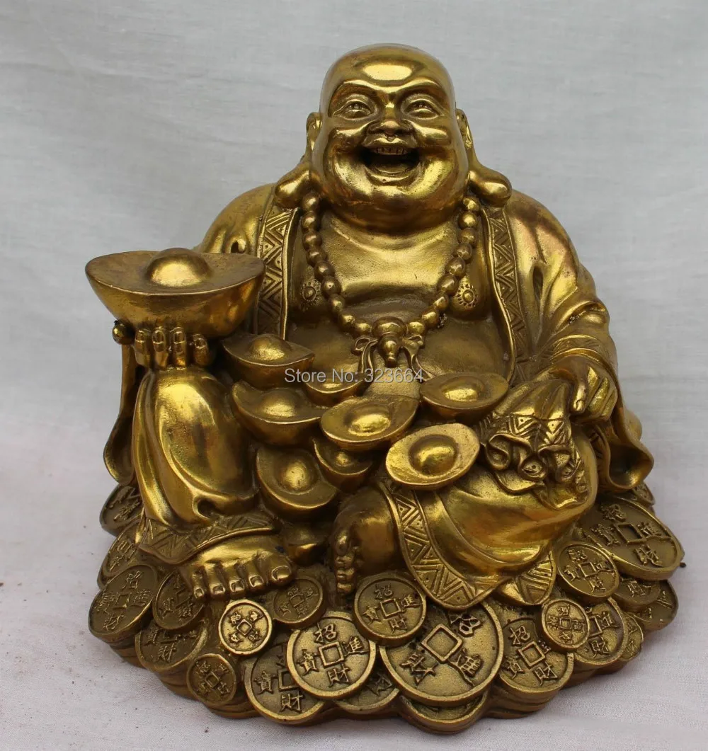 18CM Chinese Bronze Wealth YuanBao Money Happy Laugh Maitreya Buddha