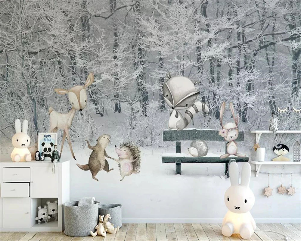 Beibehang пользовательские обои детская комната зима снег сцена мультфильм животных мир ТВ фон обои фрески 3d обои