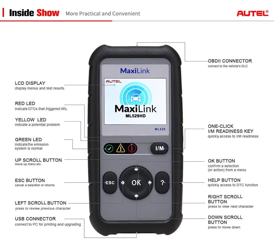 AUTEL MaxiLink ML529 OBD2 сканер автомобильный диагностический инструмент полный OBDII код считыватель Автосканер Диагностика OBD 2 Код ошибки чтение