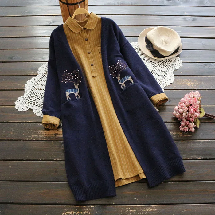 Vintage Women Sweater New Embroidery Cardigan Autumn Winter New V-neck Long Sweater Women Knit Coat YoYiKamomo