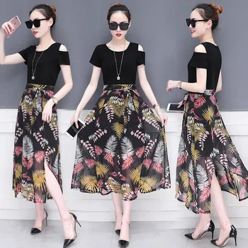 

2018 Summer dress new women off-shoulder splicing super fairy long girl fashionable short sleeves chiffon vestido casual lady