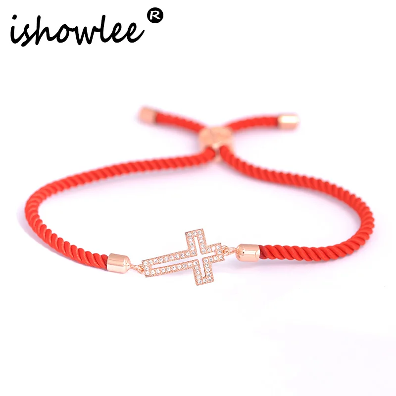 

ISHOWLEE Rose Gold 585 Cross Amulets Bracelets Zirconia Pave Setting Red Thread Lucky Charm Bracelets for Women Jewellry sla39