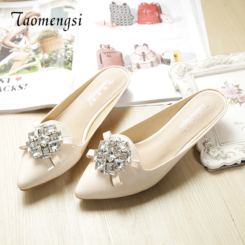 Taomengsi Women's Shoes Slip-On Flat and Wear-resistant Slipper Female Diamond Wide Fat Girl Beige Color Ladies | Обувь