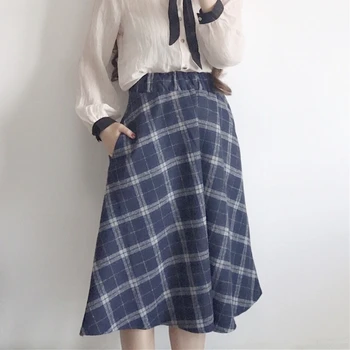 

Autumn Winter 2018 Women High Waist Skirts Knee Length Vintage Woolen Plaid Skirts British Style Elegant Wool Long A-line Skirt