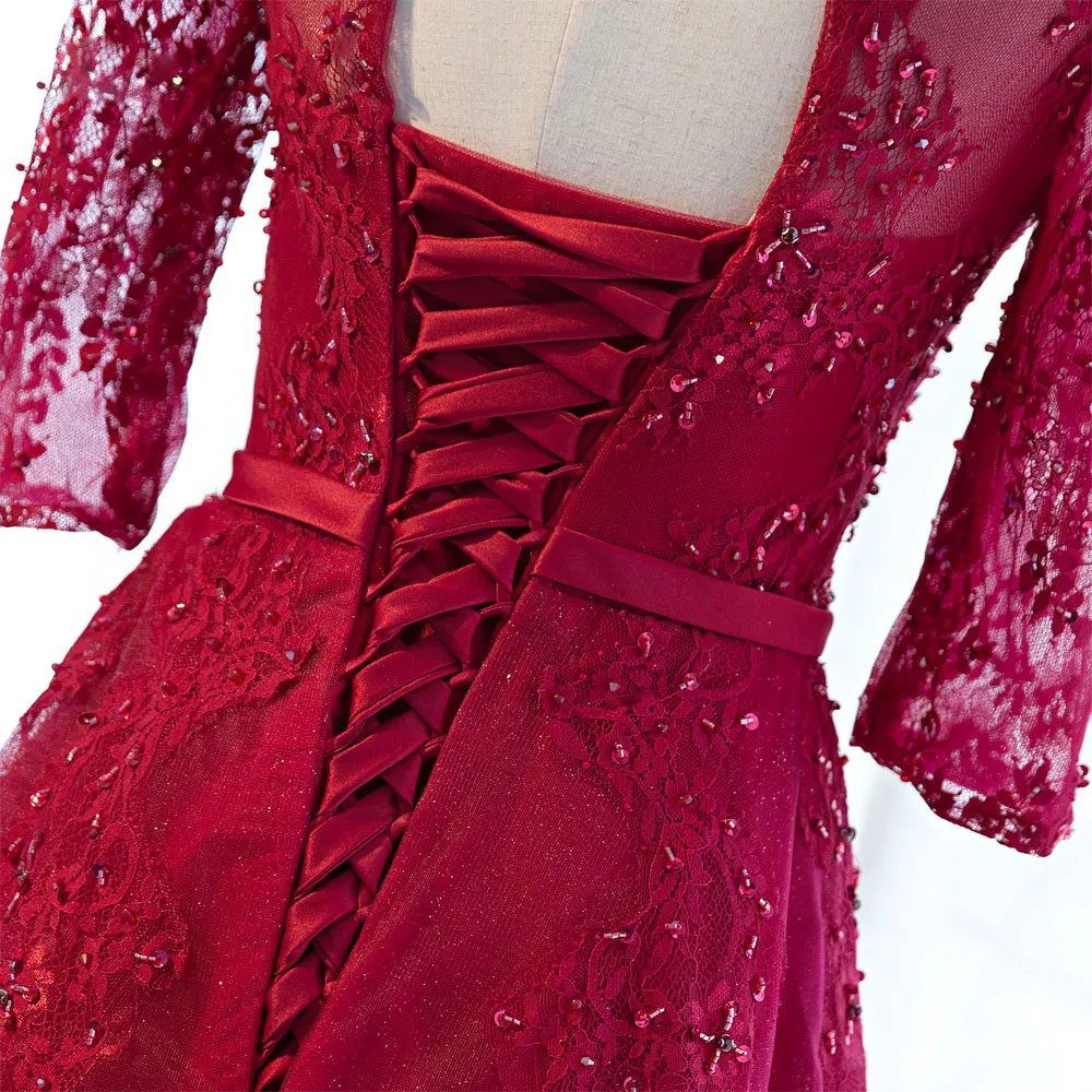Liyuke/шикарное платье из крепа с высоким воротником, рукав до локтя, украшенное бусинами и аппликациями, кружевное платье в пол, на шнуровке