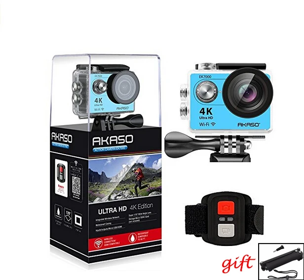 AKASO EK7000 4K wifi уличная спортивная экшн-Камера Ультра HD Водонепроницаемая DV видеокамера 12MP 170 градусов широкоугольная селфи-палка подарки - Цвет: Blue and gift
