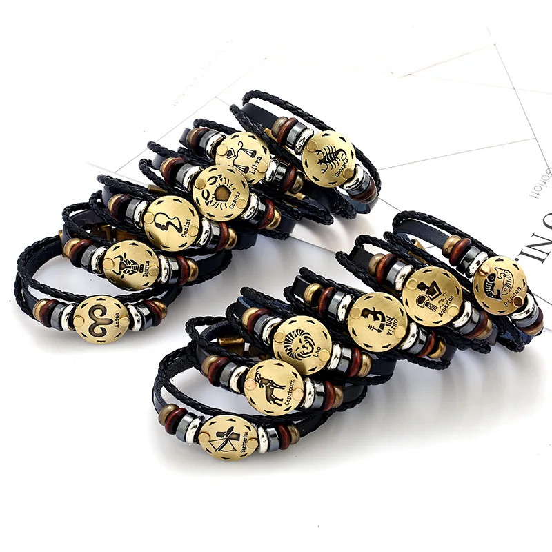 

2017 New 12 Constellation Bracelet Men Women Braided Genuine Leather Bracelets & Bangles pulseira masculina erkek bileklik