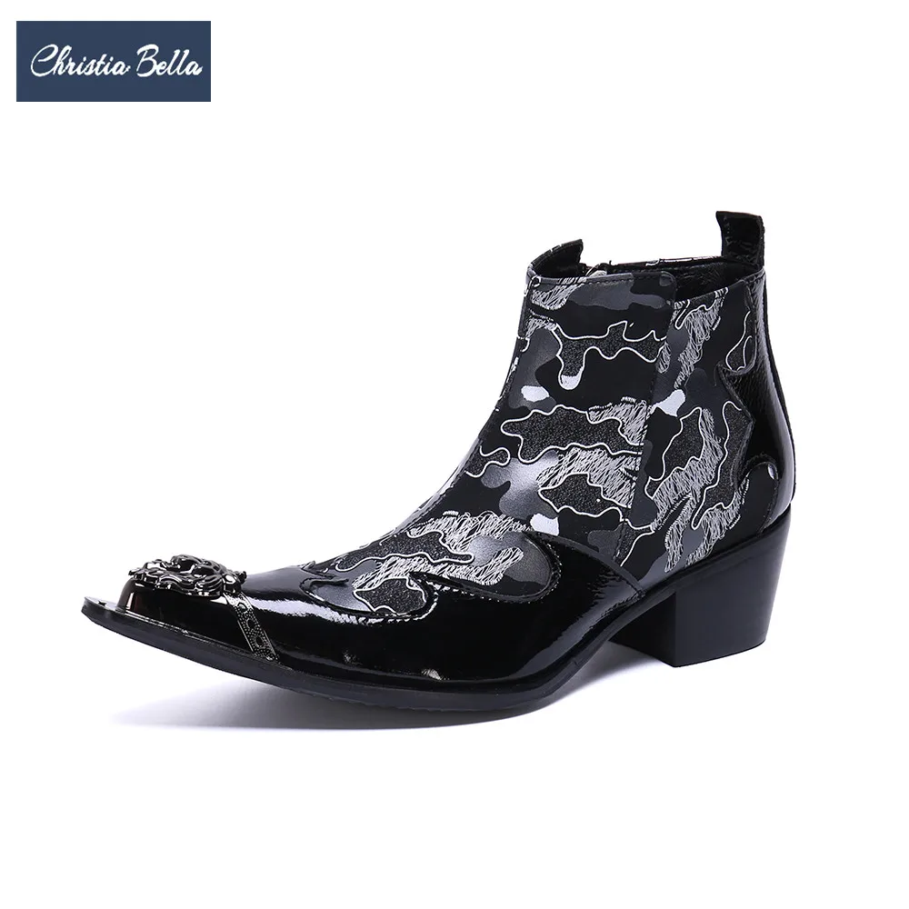 

Christia Bella British Style Printing Men Boots New Fashion Men Party Boots Genuine Leather Large Size Zipper Men Party Shoes