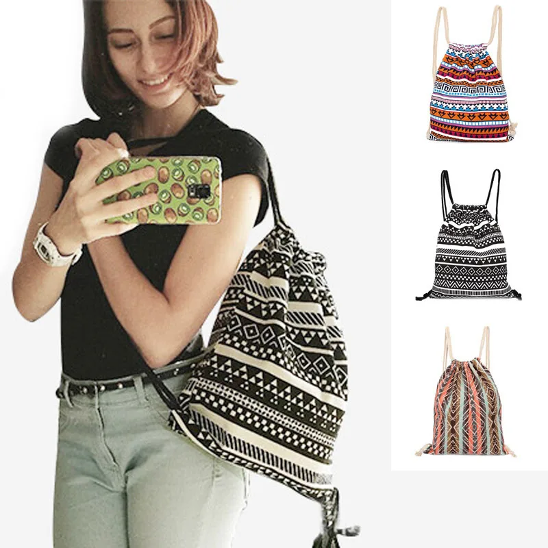 Fashion Pumping Rope Backpack Ethnic Style Digital Printing Lady Bundle Mouth Package Double Shoulder Bag 88