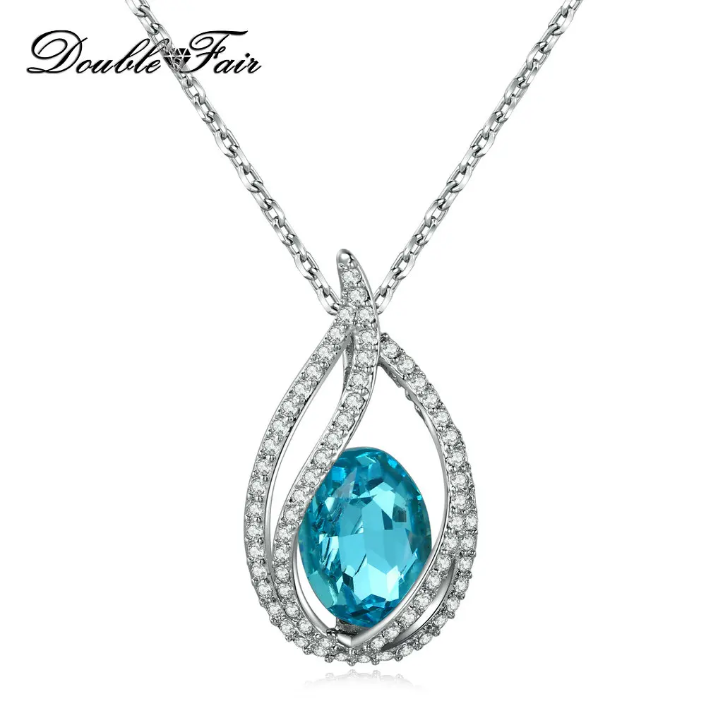 Double Fair Cubic Zirconia Big Blue Crystal Women's Necklace & Pendants Silver Color Elegant Wedding Jewelry For Women DFN292