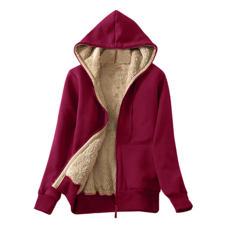 Женская Повседневная зимняя теплая куртка на подкладке из искусственного меха с длинным рукавом, на молнии, с капюшоном, плюс бархатная композитная толстовка, куртка, пальто, дропшиппинг, L#13 - Цвет: Red