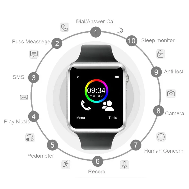  Bluetooth A1 Smart Watch with 16GB 32GB Camera Sport Pedometer SIM TF Card Smart watch for iPhone X