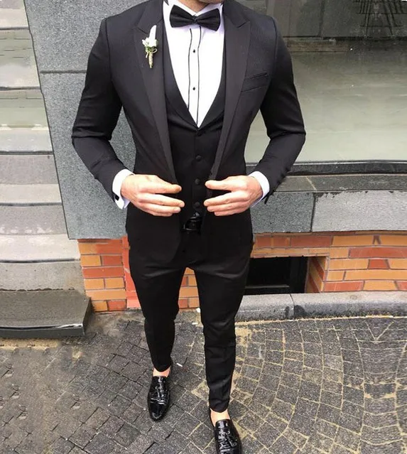 Черные мужские свадебные костюмы Slim Fit смокинг, костюмы жениха 3 шт новейший дизайн уличная одежда формальный деловой мужской костюм, смокинг