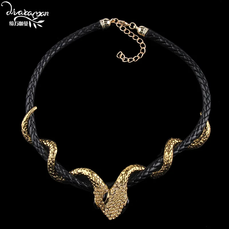 Dvacaman, фирменный дизайн, змея, массивное ожерелье, Модный этнический кожаный чокер с цепочкой, ожерелье и ювелирные аксессуары-кулоны YY36