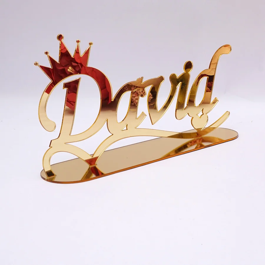 

Personalized Mirror Name TableShow With Stand Plate Custom Acrylic Wedding Table Decor Crown Wave Design Birthday Party Favors