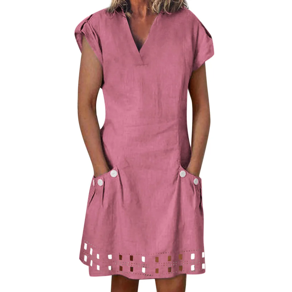 

Women Casual Summer Dress V-Neck Ruffle Pockets Lace Buttoned-decor dresses women party night beach dress vestidos verano 2019