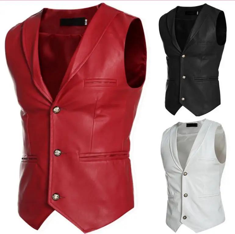 Mens Three Button Suit Collar V neck Vest Coat Casual Leather Tops