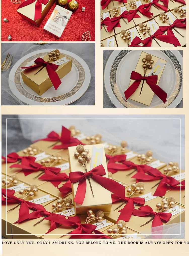 200pcs Golden candy box with bow Wedding Goods Accompanying Gifts Rectangular Candy Carton Wedding Packaging Box DIY decoration