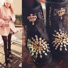 Европейский станция Новое из кожи и бархата с увеличенным женская обувь черного цвета с кроличьим мехом ботильоны модные теплые стразы сапоги