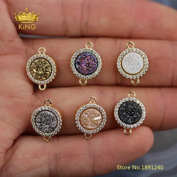 

10pcs Flat Round Druzy Agates with Rhinestones Plated Gold Copper Titanium Drusy Connectors Tiny Charms Crafts Bracelet DSS151