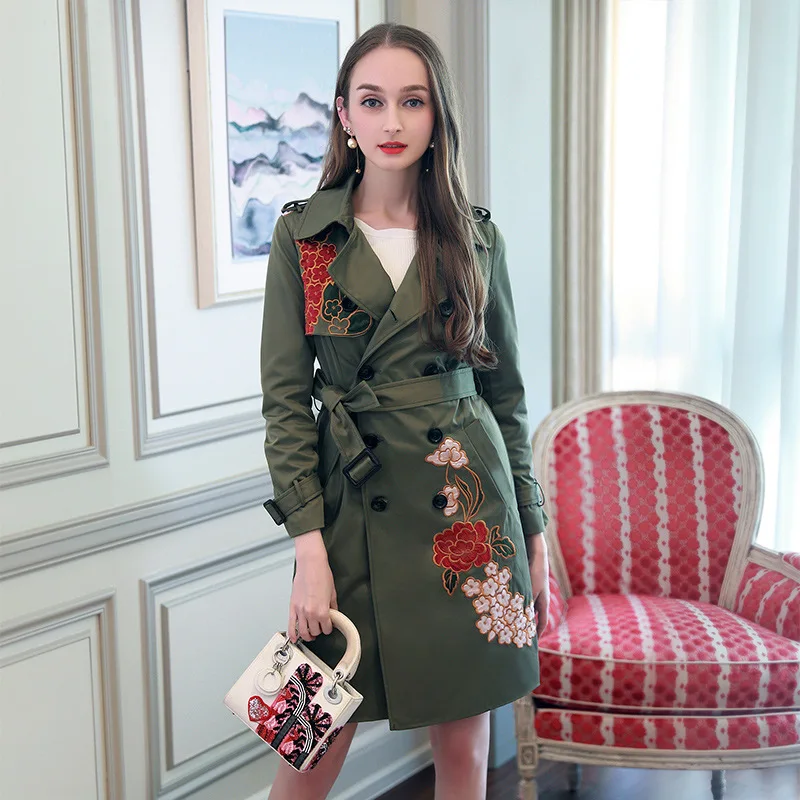 2017 New Fashion Women Trench Coat Female Embroidery Waist Double
