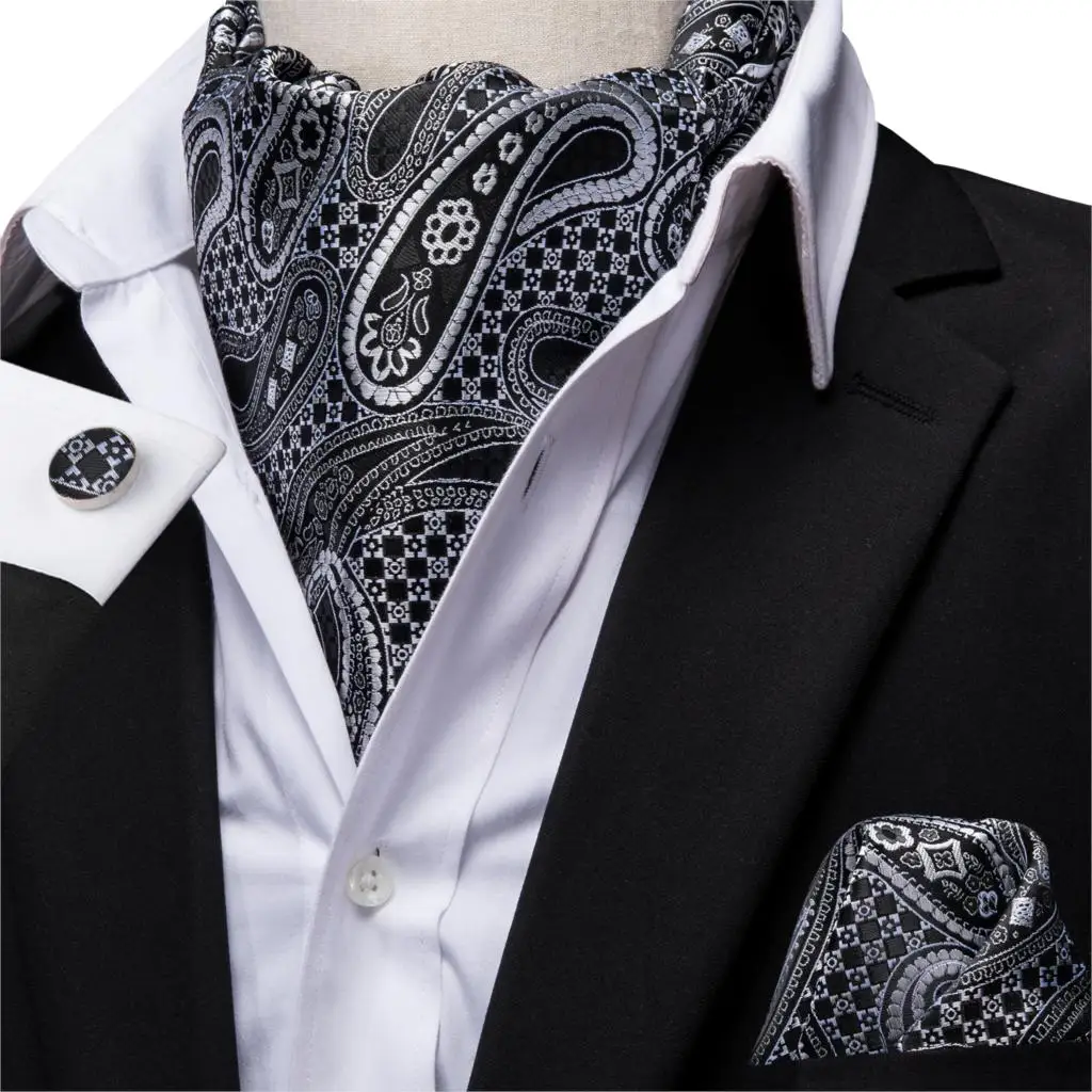 Men Ascot Tie Black Cravat Floral Silk Scarf Ties Plaid Pocket Square Cufflink Set Designer for Party Wedding Tie Hi-Tie AS-1009