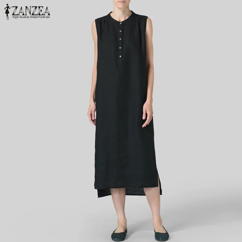 

ZANZEA 2019 Summer Shirt Dress Women's Sundress Vintage Sleeveless Tank Vestido Asymmetrical Midi Dress Casual Robe Plus Size
