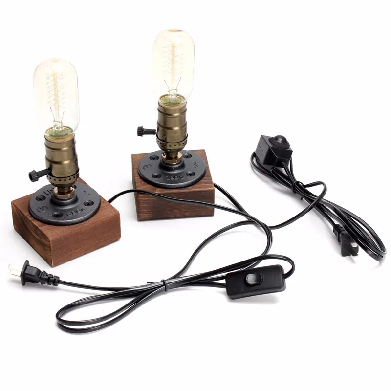  220V E27 Industrial Retro Vintage Edison Desk Light Table Lamp Wooden Socket Lighting Fixture Dimma