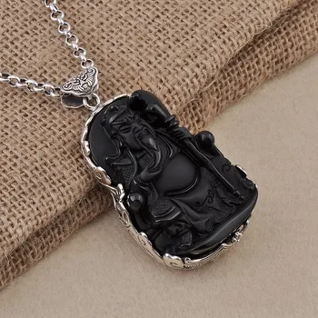 

S925 Sterling Silver Pendant silversmith Guan Guan Erye Obsidian scrub safe