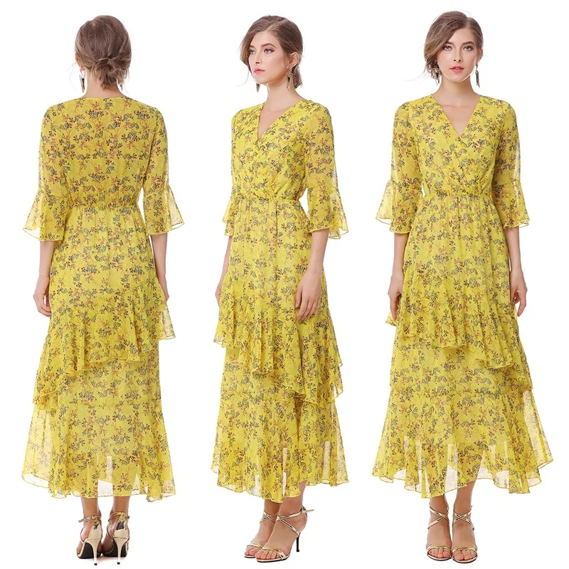 NYFS Printing Long dress V-neck irregular Lotus leaf Flare Sleeve Chiffon yellow floral Women dress Vestidos Robe Elbise