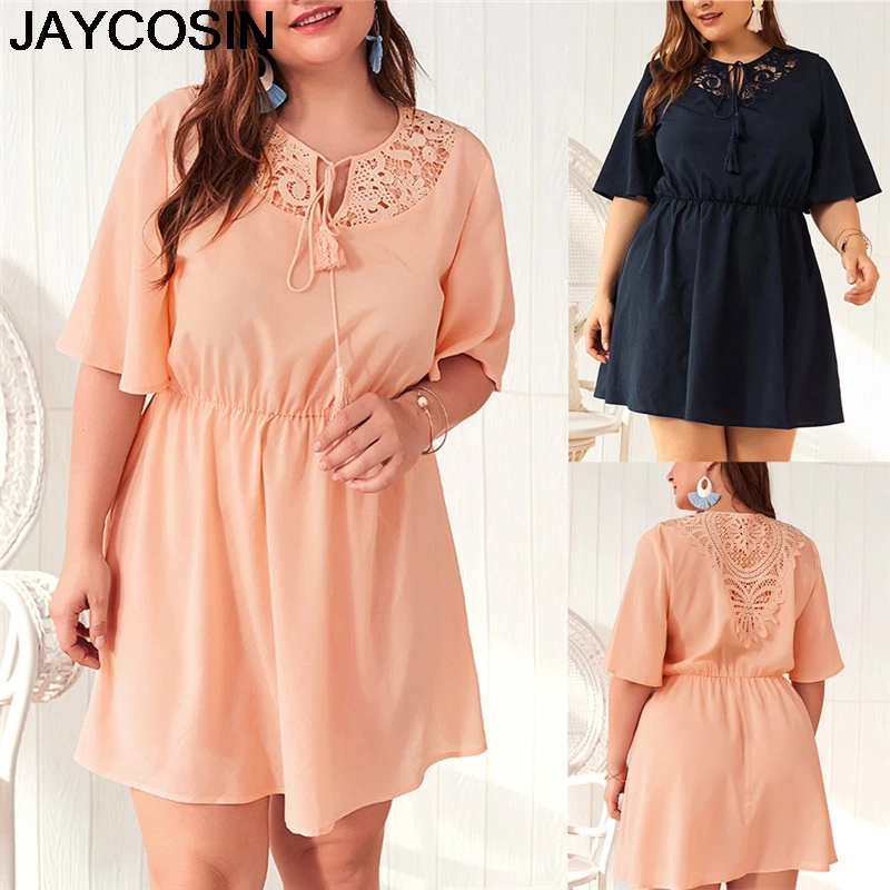 

JAYCOSIN 2019 New Summer Women Dress Plus Size Bohe Lace Soild Short Sleeve Dress V-Neck Ladies A-Line Dresses Vestido jy2