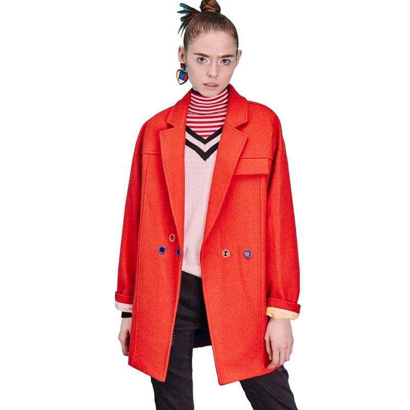 Kopen Toyouth 2019 Herfst Winter Nieuwe Blends Vrouwen Turn Down Kraag Medium Lange Kleur Contrast Fashion Wol Outwears