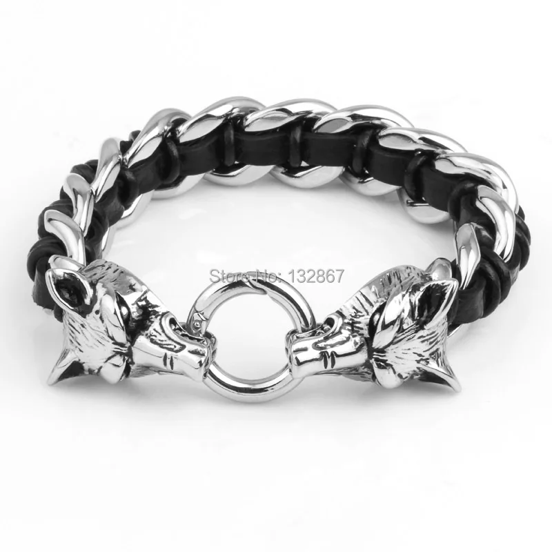 

Biker Wolf Clasp Design 316L Stainless Steel Curb Chain With Black Genuine Leather Bracelet Bangle 16mm 8.8''