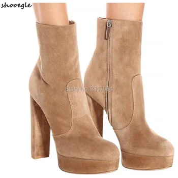 

SHOOEGLE Women Faux Suede Platform Ankle Boots Beige Black Gray Block High Heels Zip Short Booties Chaussure Femme