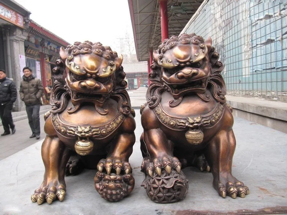 Pair Feng Shui Pottery Porcelain Lion Statue Evil Guardian Door Fu Foo Dog 