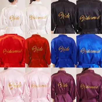 

Womens Faux Silk Kimono Short Bath Robe Bride Bridesmaid Glitter Gold Letters Nightgown Belted Wedding Getting Ready Sleepwear