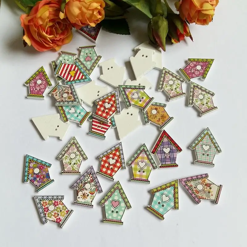 

New Arrival 21*27mm 50pcs Mixed Color Random house Wooden Buttons Two Holes Sewing Craft Scrapbooking Garment Accessories