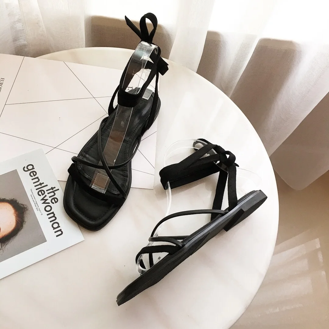 

13022 new flat bottom wild Korean student comfortable flat with thin straps Roman shoes