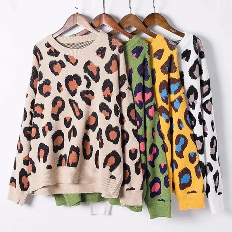 Женский вязаный цветной Леопардовый свитер с круглым вырезом, Модный повседневный осенне-зимний свободный женский свитер, пуловер Q317