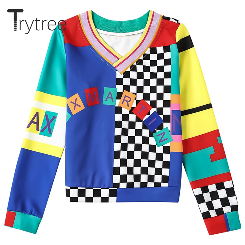  Trytree Spring Summer Women Sweatshirts Streetwear Print Polyester V-neck Pullovers Full Sleeve Cas