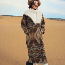 Дизайн для женщин Зима Винтаж Личность Индийский стиль печати однобортный с капюшоном толстый X Длинная шерстяная куртка