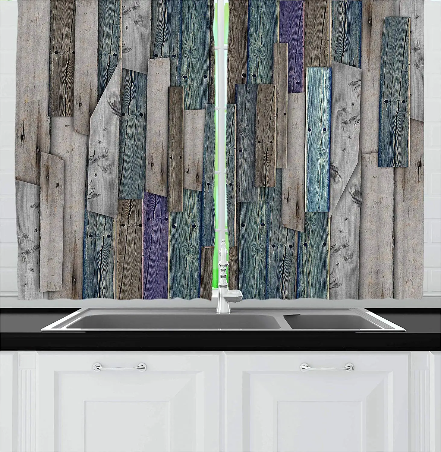

Rustic Kitchen Curtains Image of Blue Grey Grunge Wood Planks Barn House Door Nails Country Life Theme Print Window Drapes