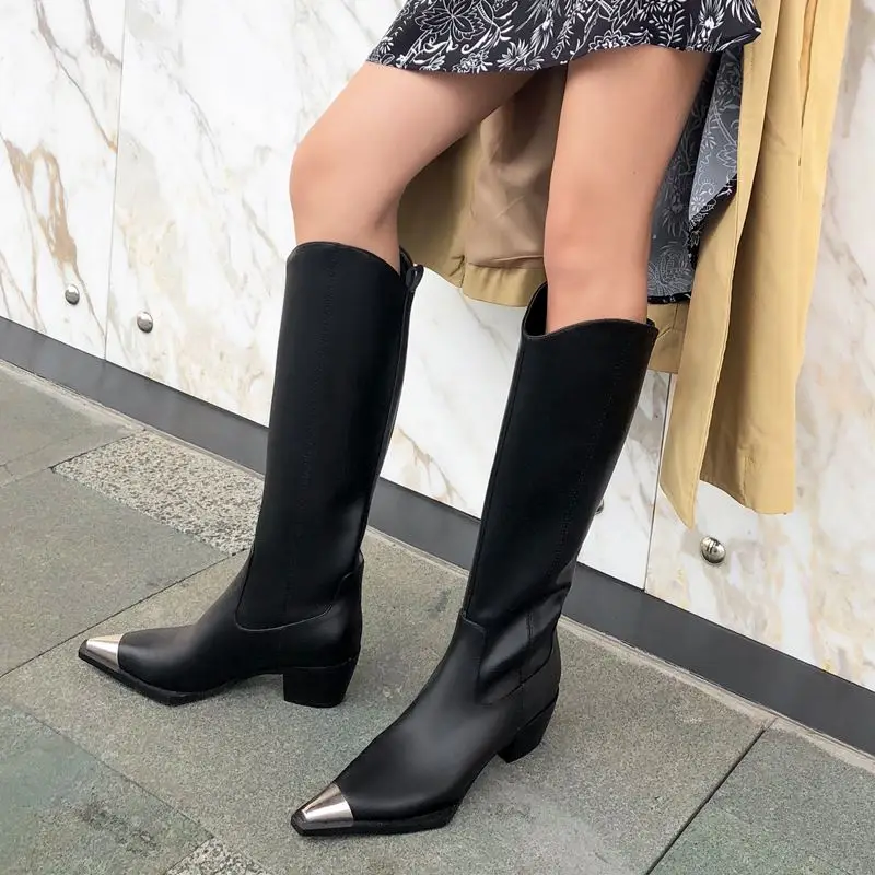 ALLBITEFO/женские высокие сапоги из натуральной кожи на толстом каблуке с металлическим носком; Высококачественная женская обувь на высоком каблуке; сезон осень; Офисная Женская обувь