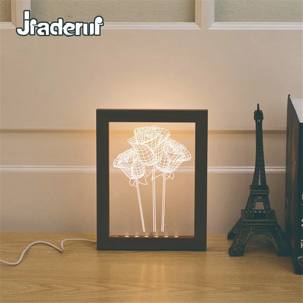 

Jiaderui LED Creative 3D Romantic Roses Wood Photo Frame Night Light Novelty Home Decor Wall Lamp Kids Baby Bedside Table Lamp