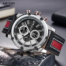 MEGIR Men's Waterproof Leather Strap Quartz Watches Fashion Chronograph Wrist Watch for Man Luminous Hands 2079GBK-1 megir quartz watch for man chronograph luminous hands waterproof mens wristwatches fashion large dial calendar leather band