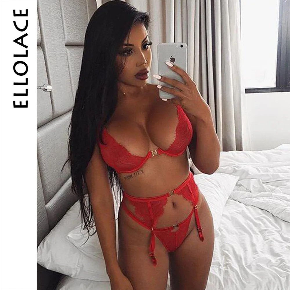 

Ellolace Lingerie Set Women Lace Deep V 3pcs Sets Women Transparent Bra Set+Garter Black Sexy Lingerie Lace Lenceria Plus Size