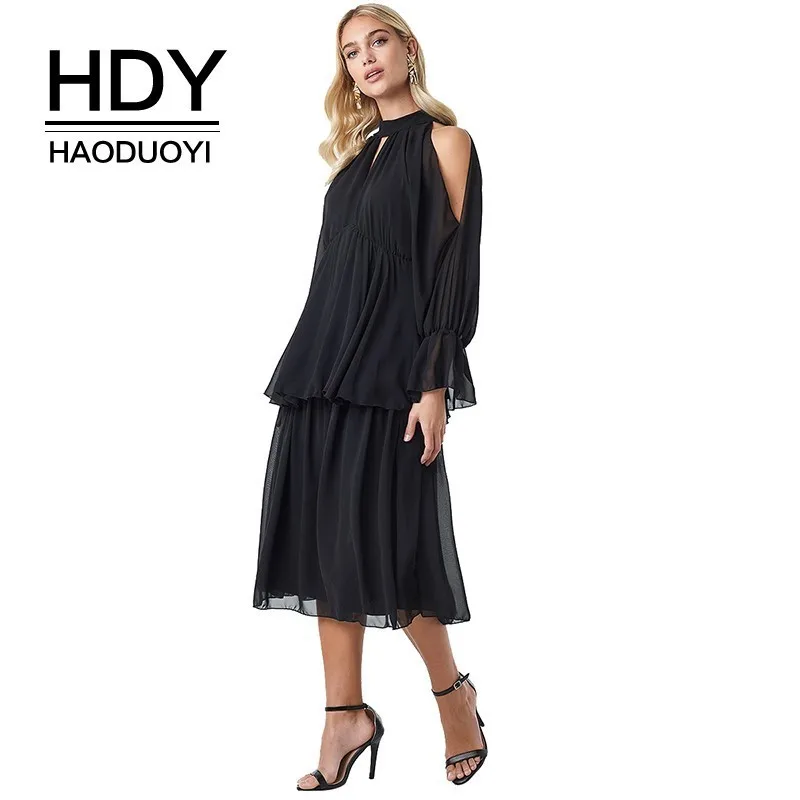 

HDY Haoduoyi Femme Summer Stylish dresses Turtleneck Hollow Out Butterfly Sleeve A-Line Off-the-shoulder Black Mid-Calf Dress