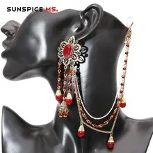 Sunspicems-pendientes indios de piedra Natural para mujer, tocado de enlace para mujer, cuenta de Color oro antiguo, cadena de diamantes de imitación, joyería de boda