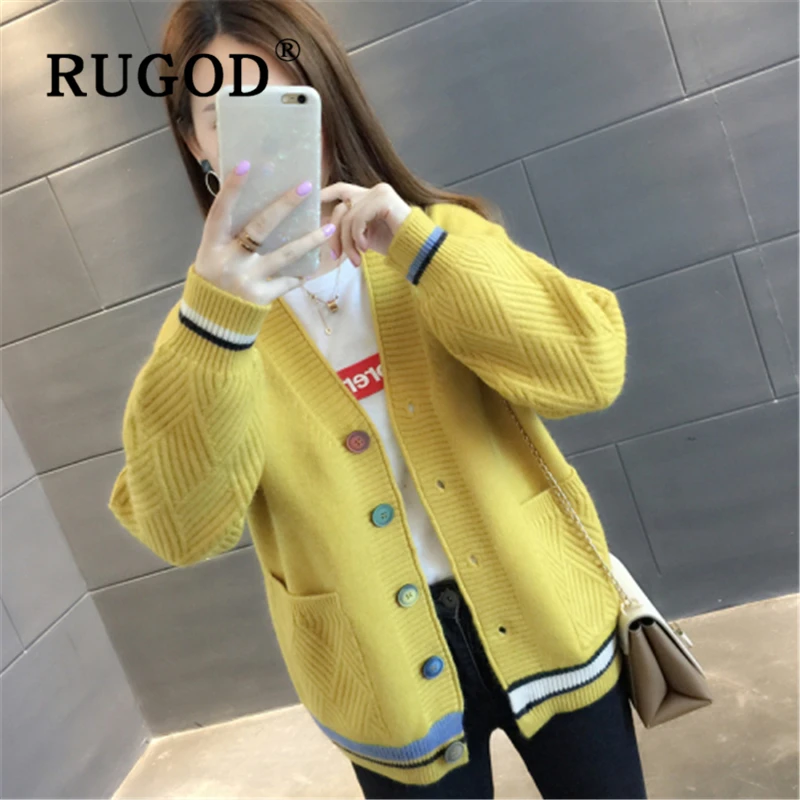 

RUGOD Auturm new korean twisted pocket knitted women Cardigan Fashion single-breasted pockets loose sweated and coat female