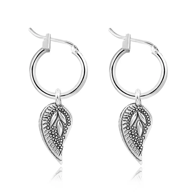 

GEOMEE 1Pair Vintage Silver Color Hoop Earring for Women Pendientes Leaf Pandent Handmade DIY Earings Fashion Jewelry